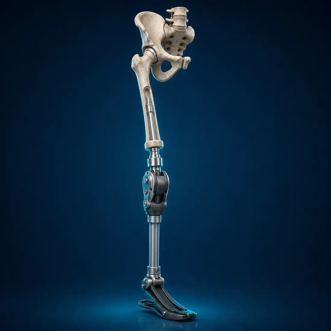 Femur içindeki osseointegrasyon implantı, dış bağlantı ve protez bacak
